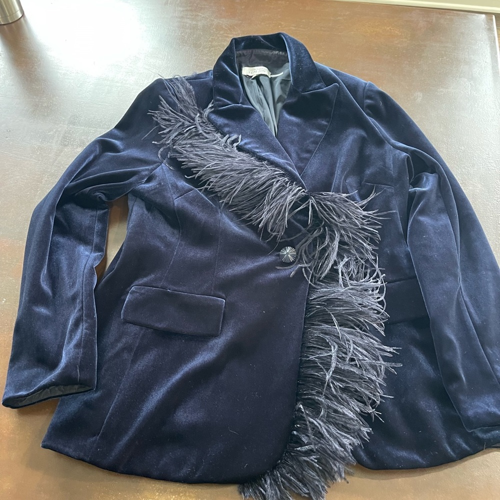 Rickie Freeman Teri Jon velvet suit blazer feather & wide leg pant Purpleblue 16